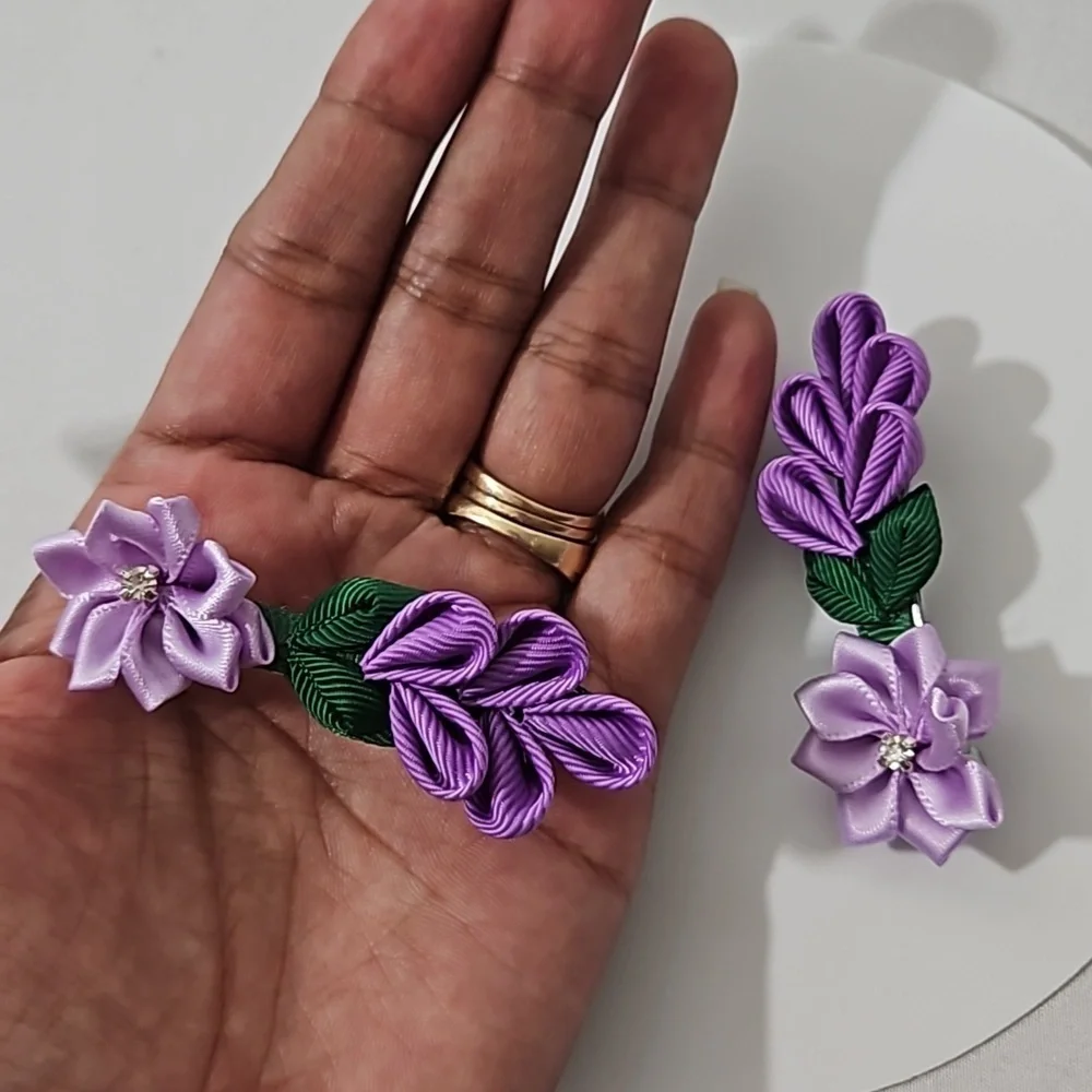 Hand Crafted Purple Barrette Hair Clip Floral Ribbon flowers purple 2- Piece set